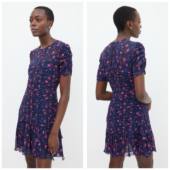 Tanya Taylor Falling Floral Carti Dress Size 10 Purple Silk Ruched Cocktail - Picture 12 of 12